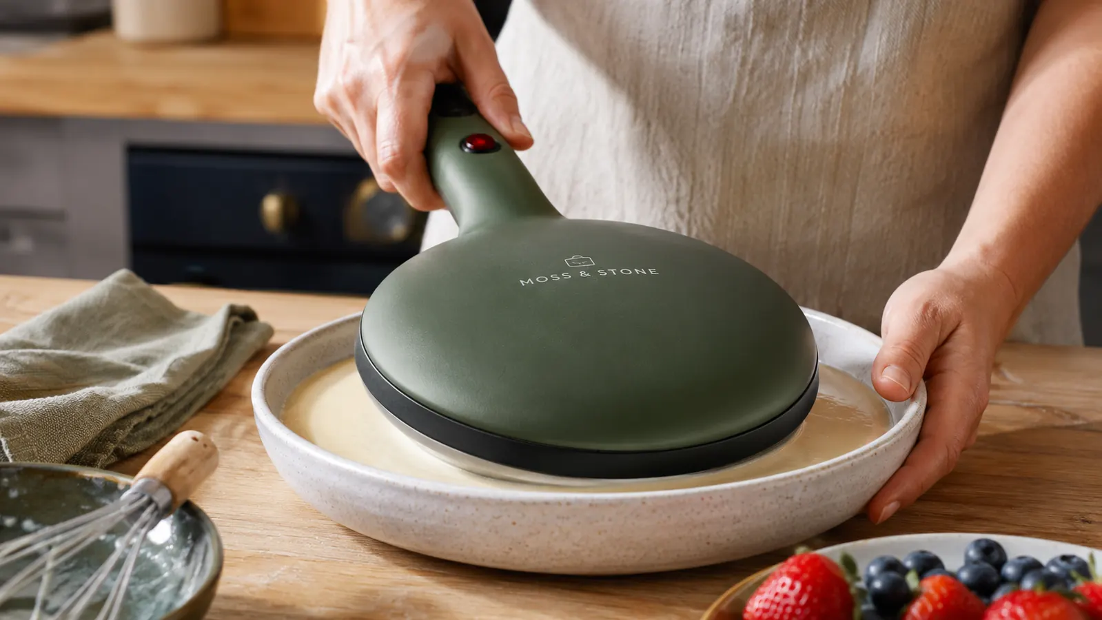 Hand dipping the round hot plate of the crepe maker into a shallow bowl of batter