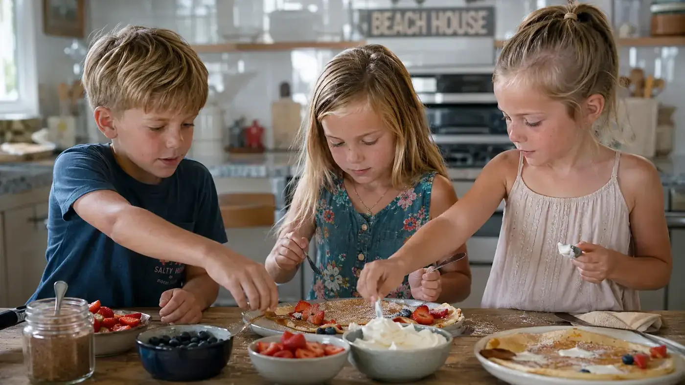 Grandkids building their own crepe toppings station at a kitchen table with bowls of fruit and syrup