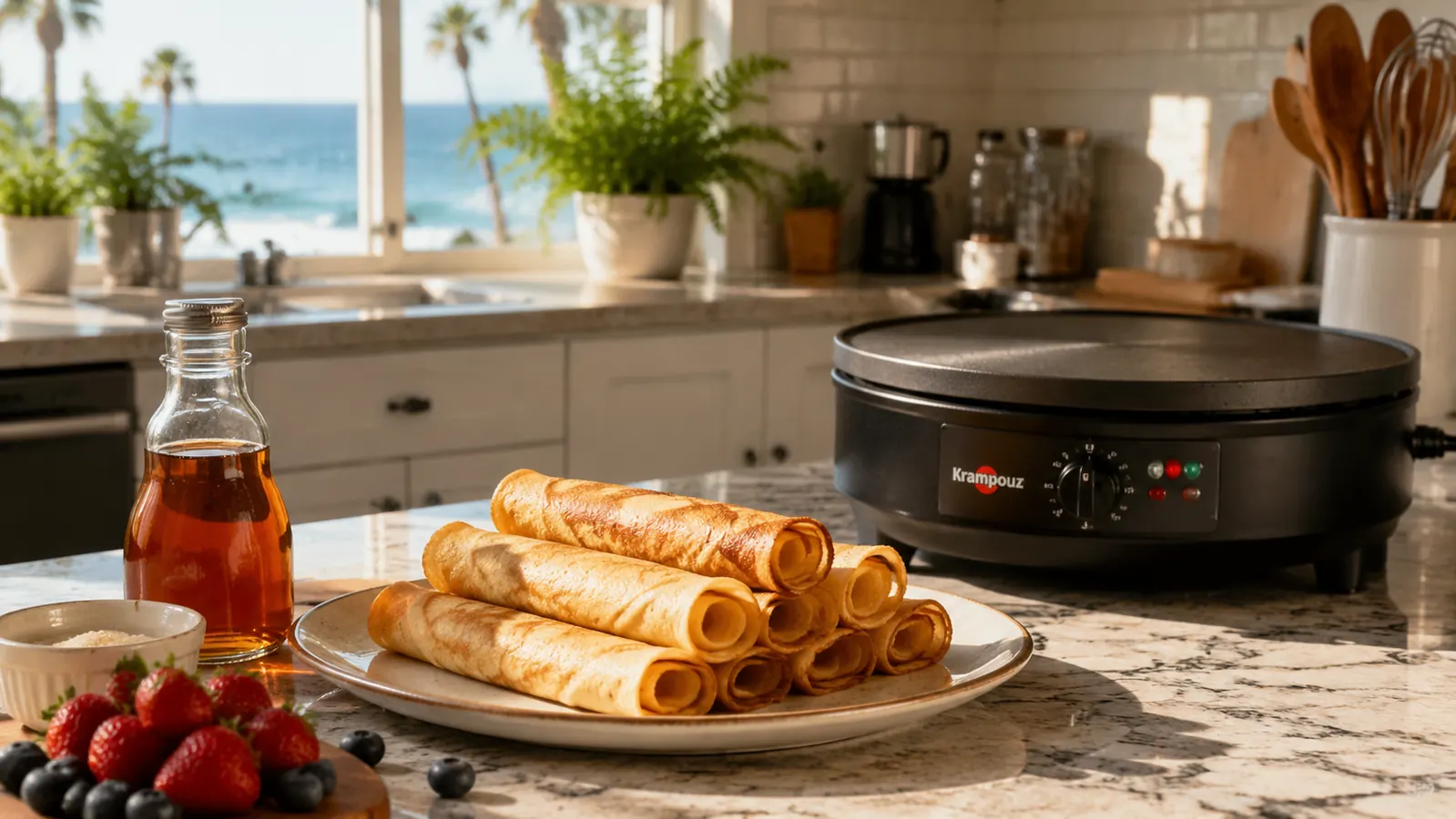 Stack of golden crepes on a plate next to a black electric crepe maker on a sunny kitchen counter