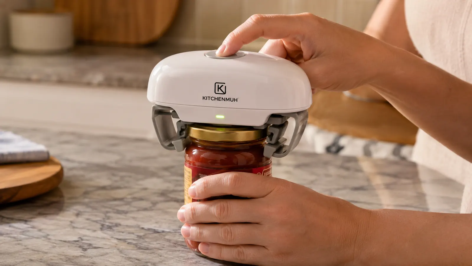 A close-up of a hand pressing a single button on an electric jar opener clamped around a glass jar