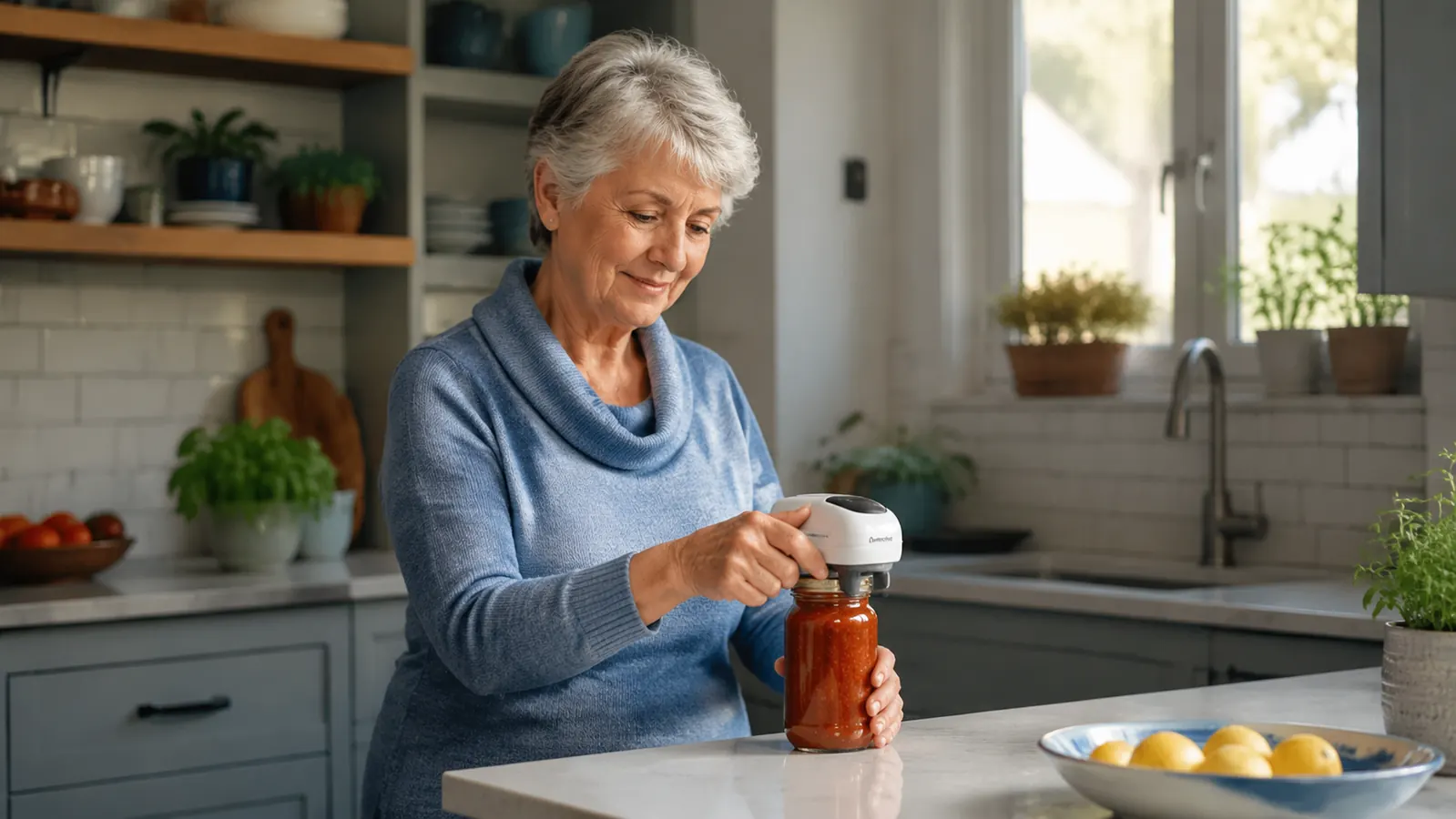 An older woman independently opening a jar of pickles in her kitchen without help