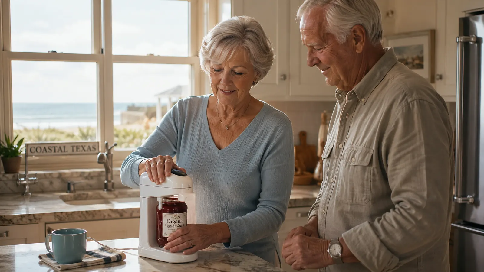 An older woman opening a jar hands-free using an electric jar opener on a kitchen counter while her husband watches nearby