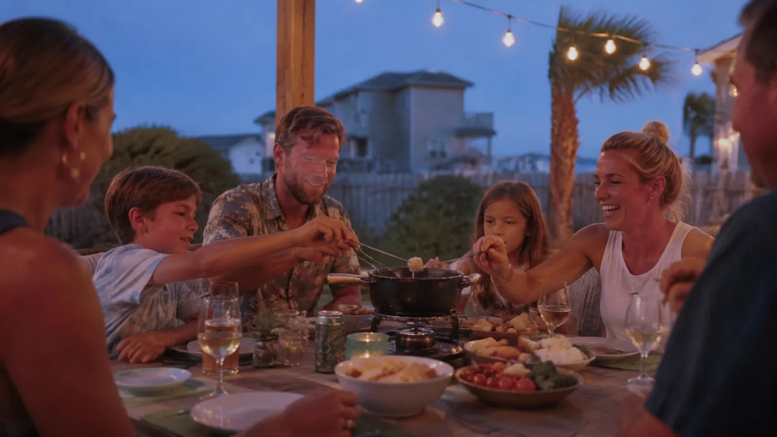 Neighbors joining a family for fondue night on a backyard patio in the evening
