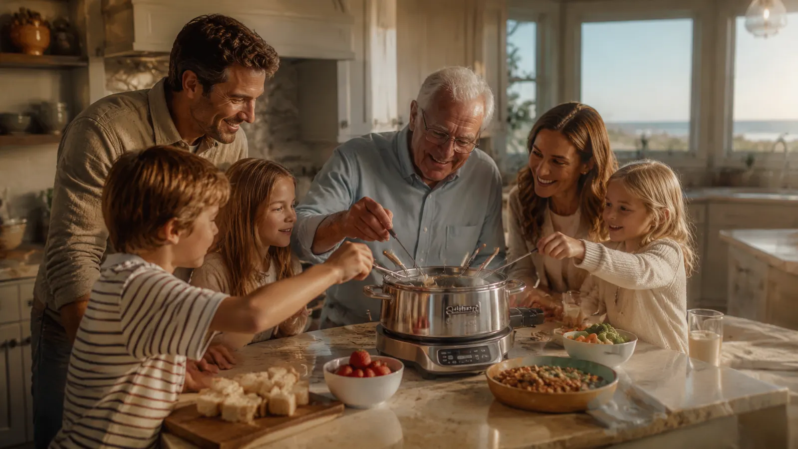 A multi-generation family gathered around a stainless steel fondue pot at a kitchen island in warm evening light