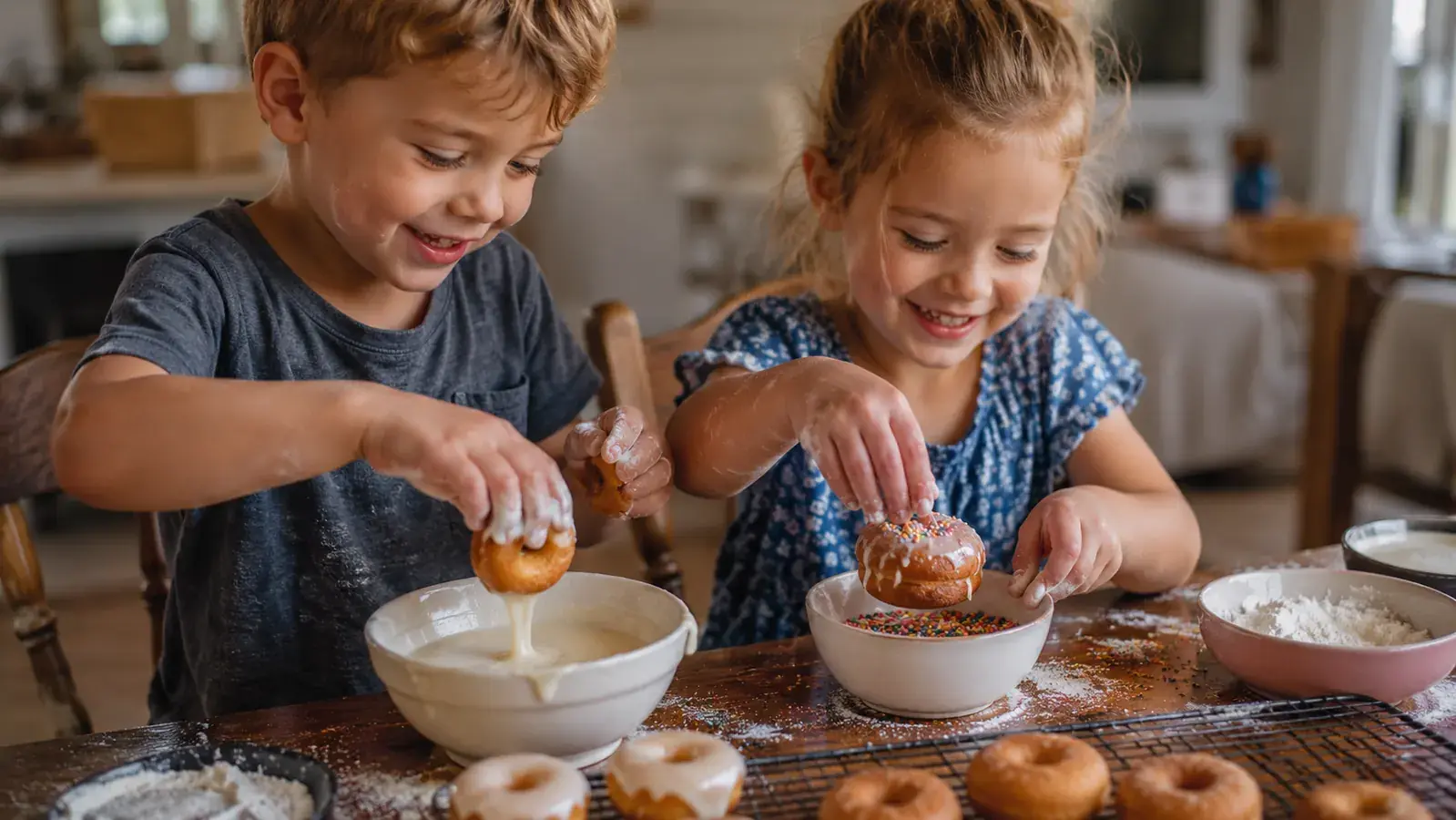 Grandkids decorating warm mini donuts with glaze and sprinkles at a kitchen table