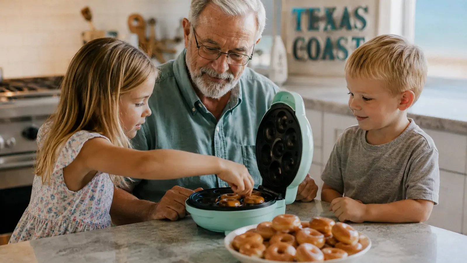 A grandfather and two young grandkids standing at a kitchen counter with a mini donut maker and a plate of warm mini donuts