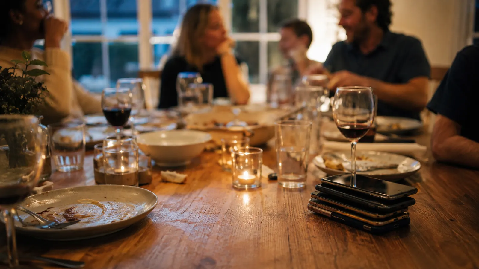 Empty dinner table after a meal, phones stacked untouched to the side, evidence of a long unhurried family dinner