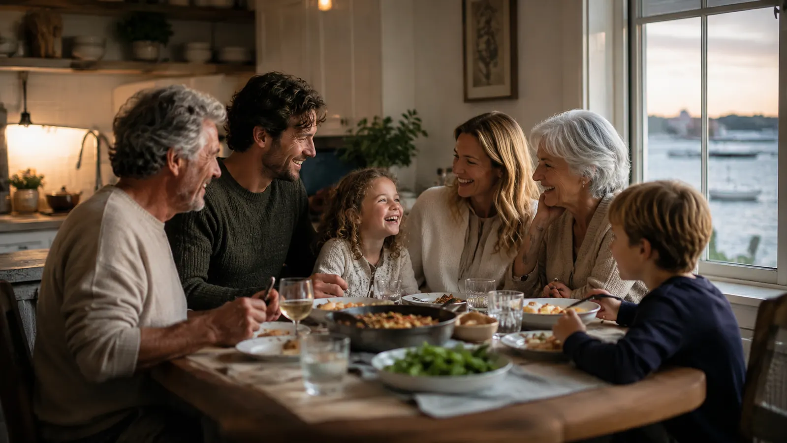Family gathered around a dinner table on a Sunday evening, warm lighting, grandparents and grandkids talking and laughing together