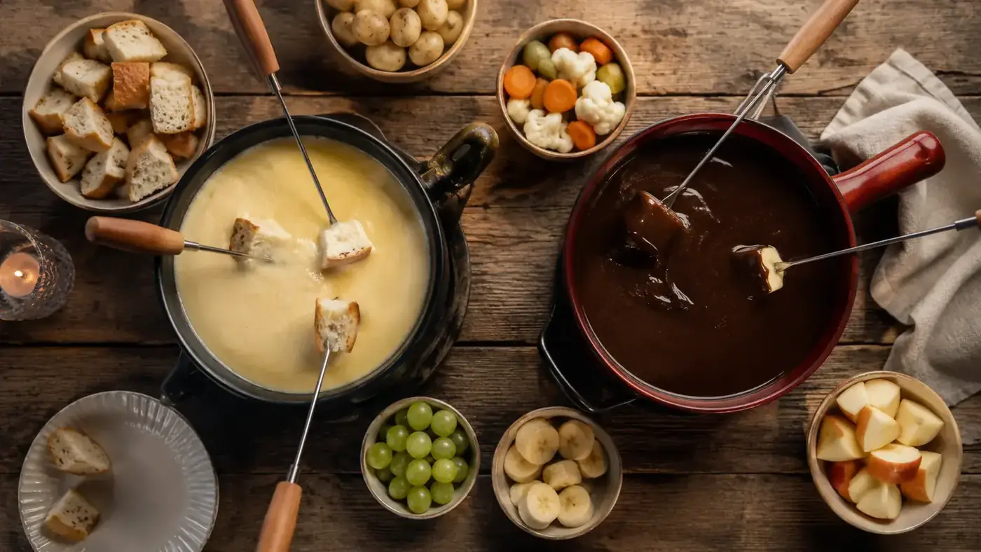 Two electric fondue pots side by side on a kitchen table, one stainless steel and one with a retro enamel finish