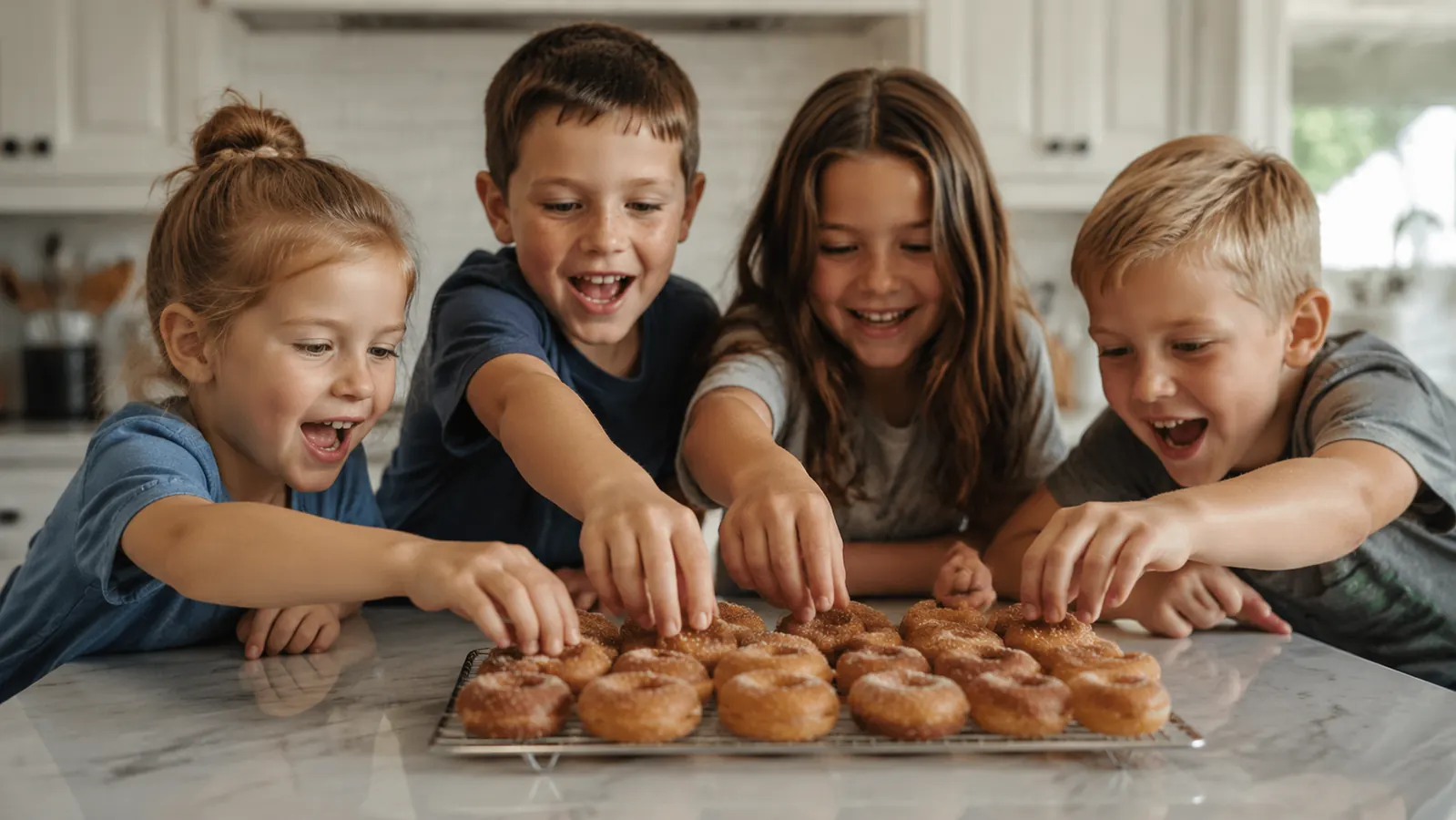 Four grandchildren gathered around a kitchen island reaching for mini donuts on a cooling rack