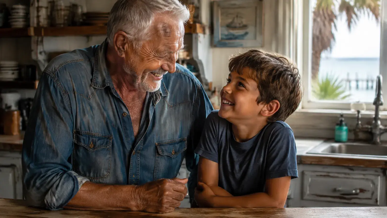 Retired grandfather standing at a kitchen counter with a young grandchild, both smiling, small coastal town kitchen in soft morning light