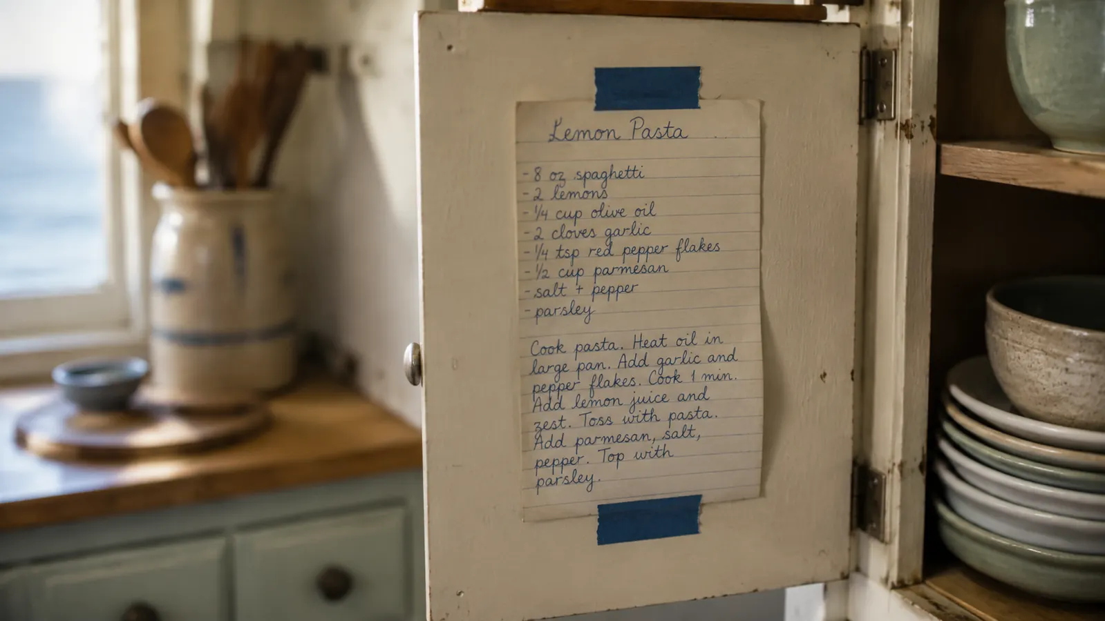 A grandfather's hand pointing out a note taped inside a kitchen cabinet door