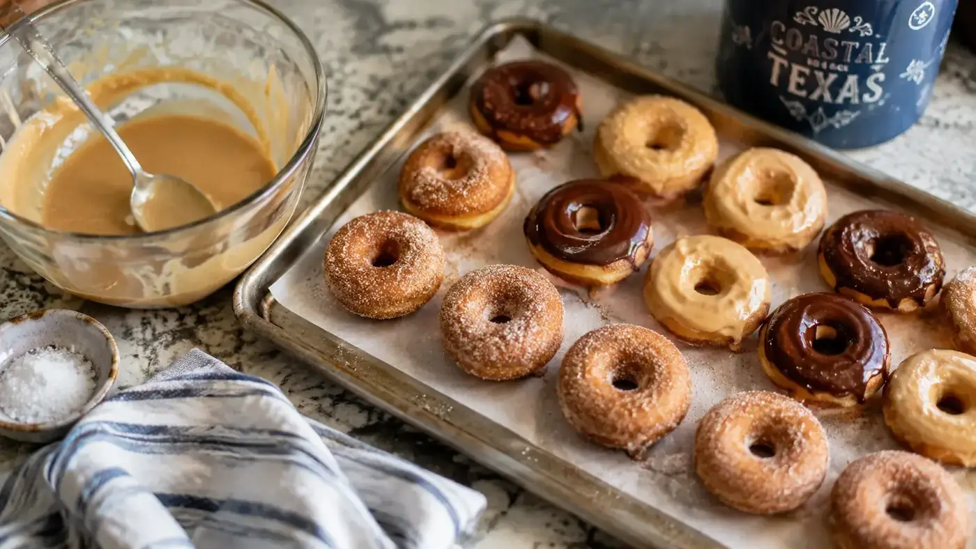 Close-up tray of small golden mini donuts cooling on a kitchen counter next to a mixing bowl