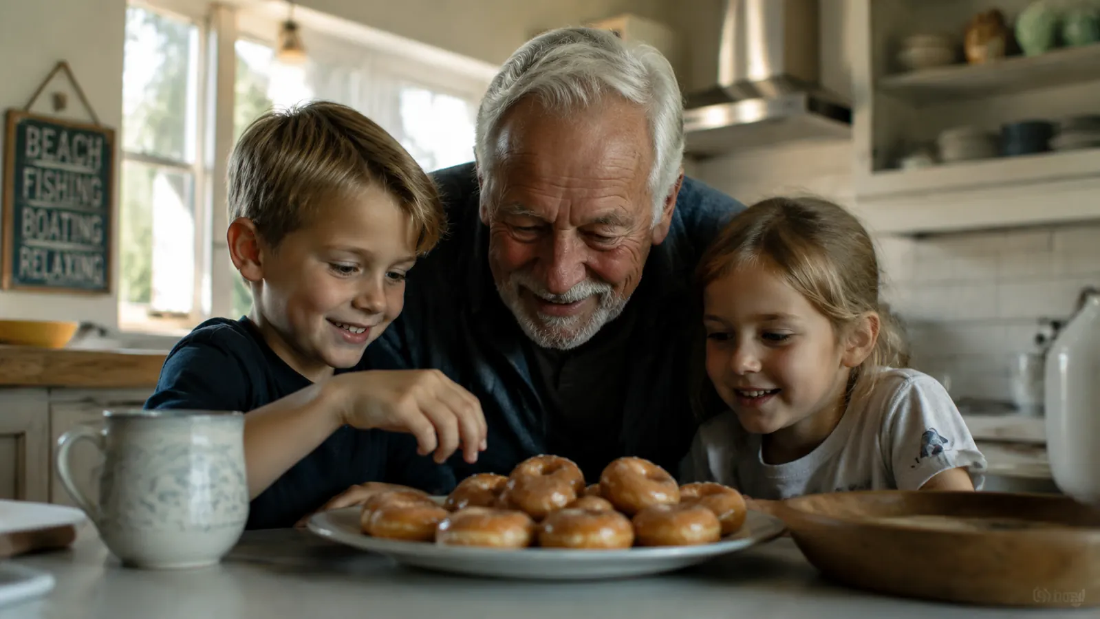 Retired grandfather and two young grandchildren at a kitchen counter with a tray of golden mini donuts