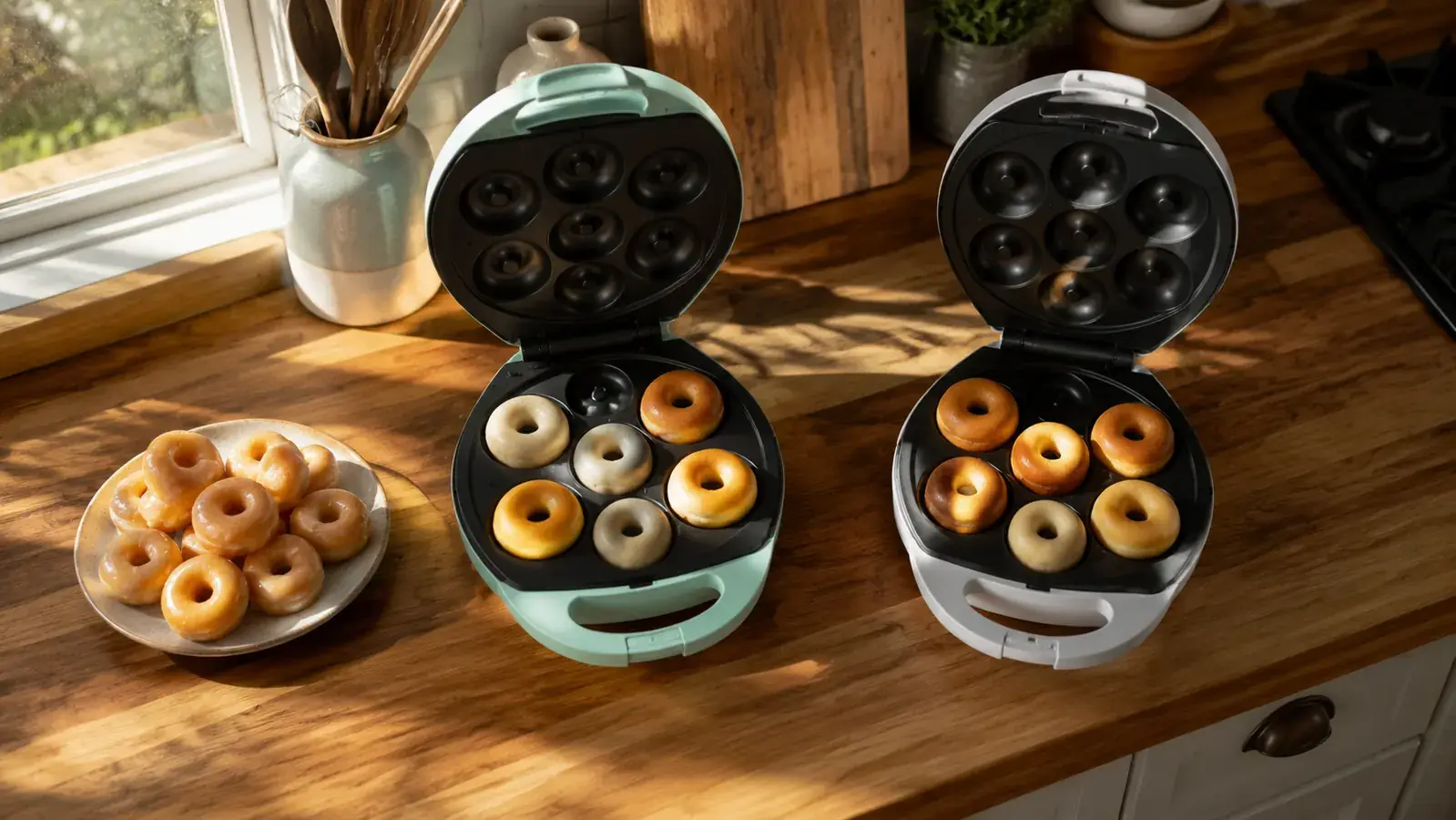 Two mini donut makers side by side on a kitchen counter, one aqua-colored and one a different retro style