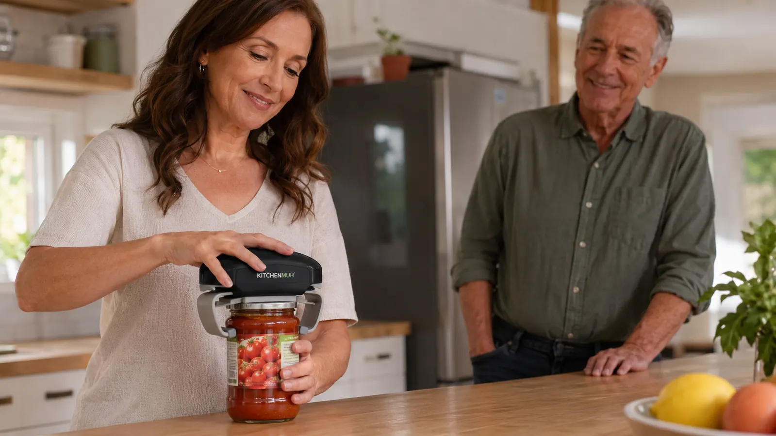 Woman opening a pickle jar by herself at the counter while her husband looks on smiling from across the kitchen