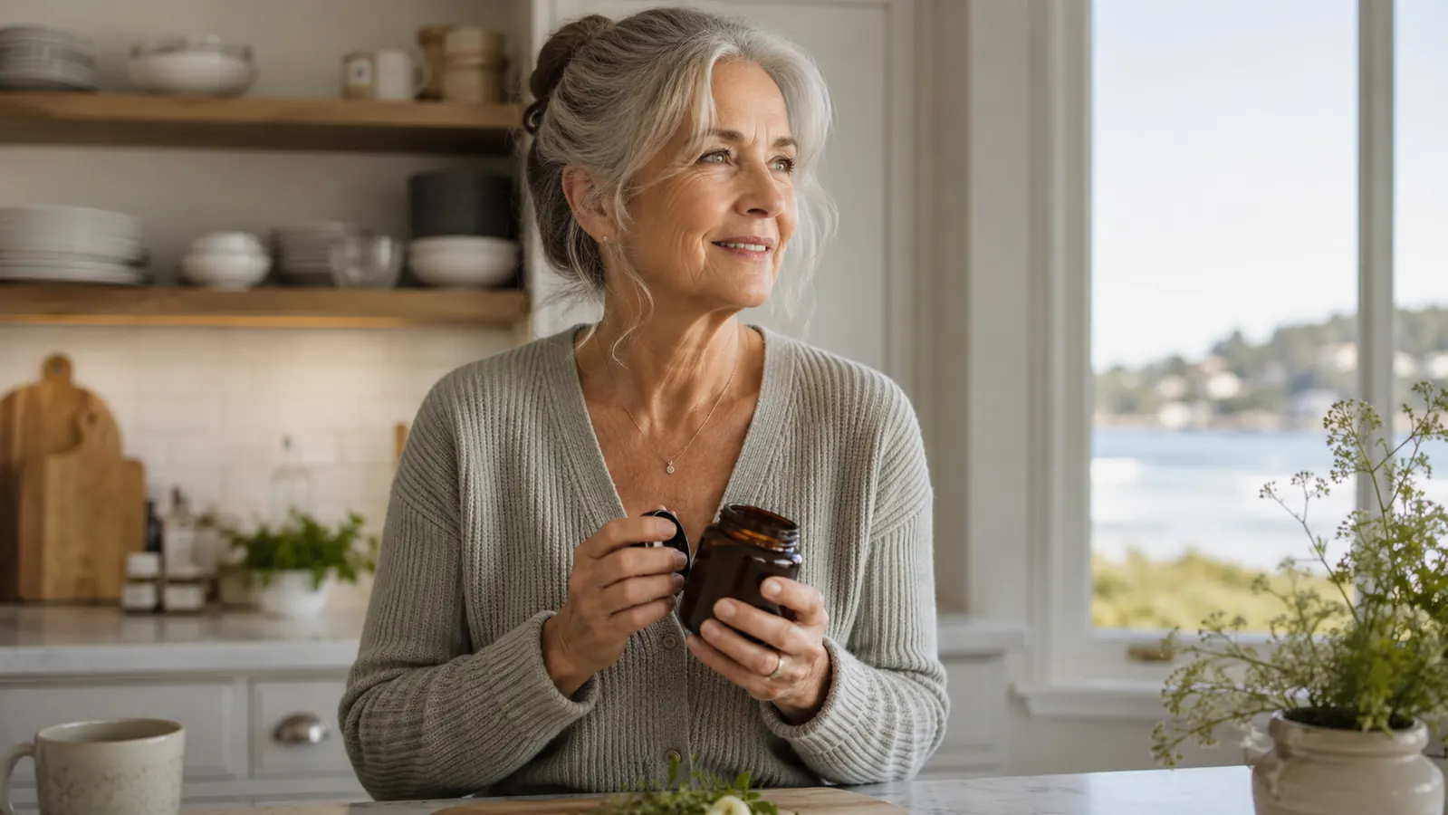 Older woman standing at a kitchen counter smiling, holding an open jar of pickles, morning light coming through the window