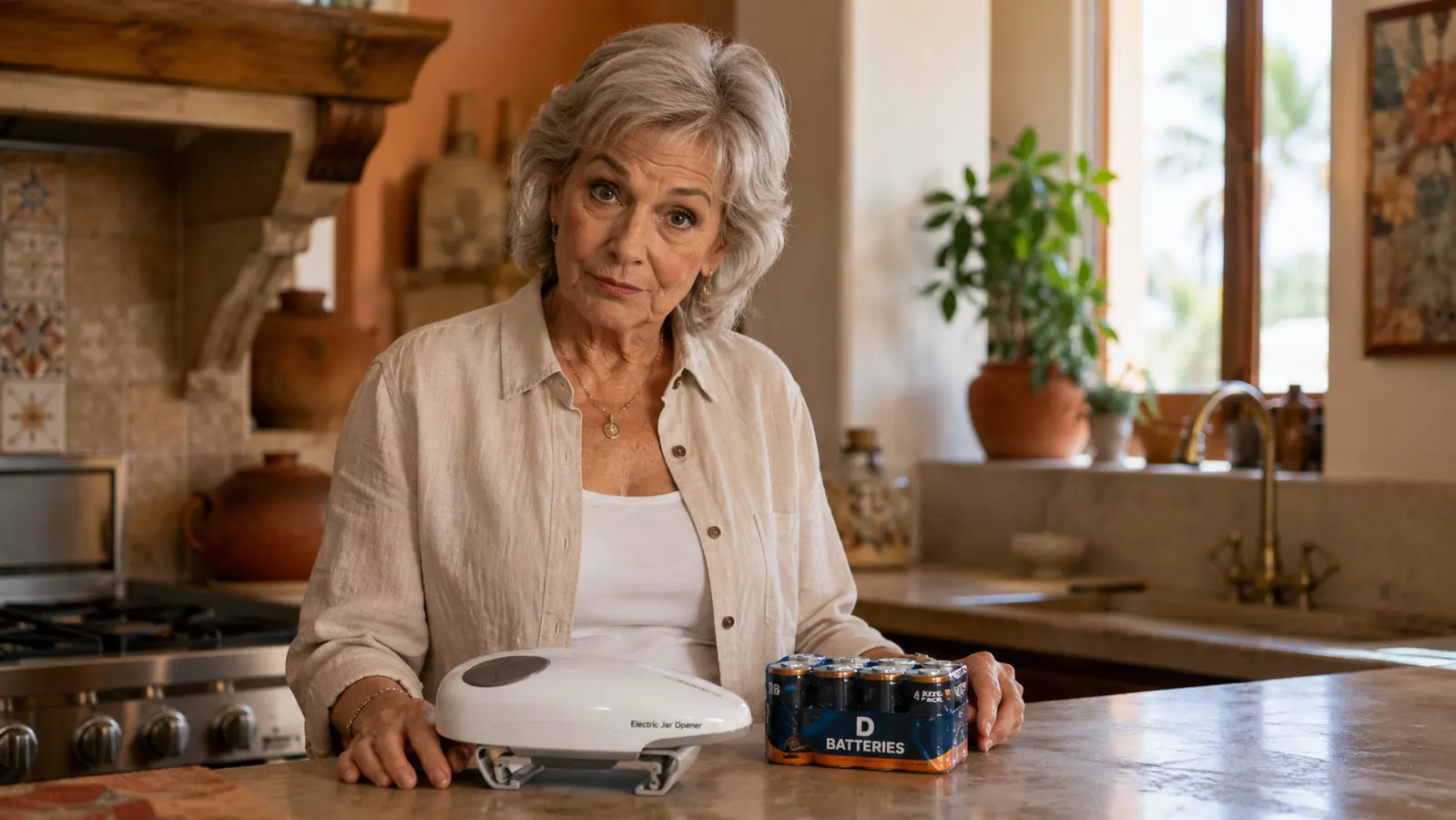 An older woman standing at a kitchen counter looking curiously at a white electric jar opener next to a pack of batteries