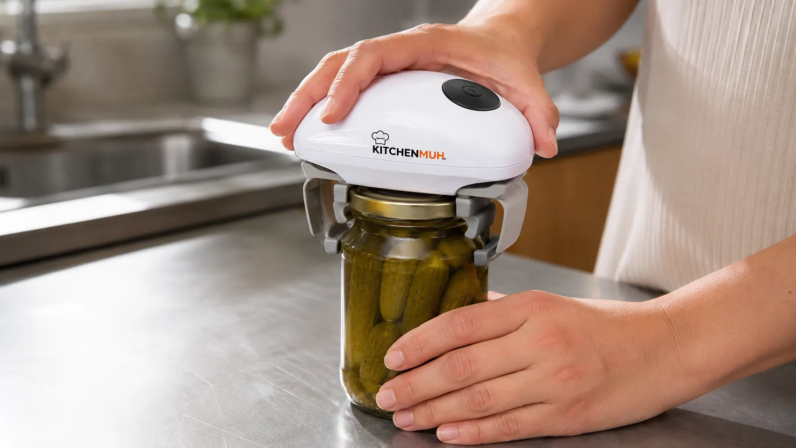 Close-up of a hand placing the electric jar opener over a mason jar lid on a kitchen counter