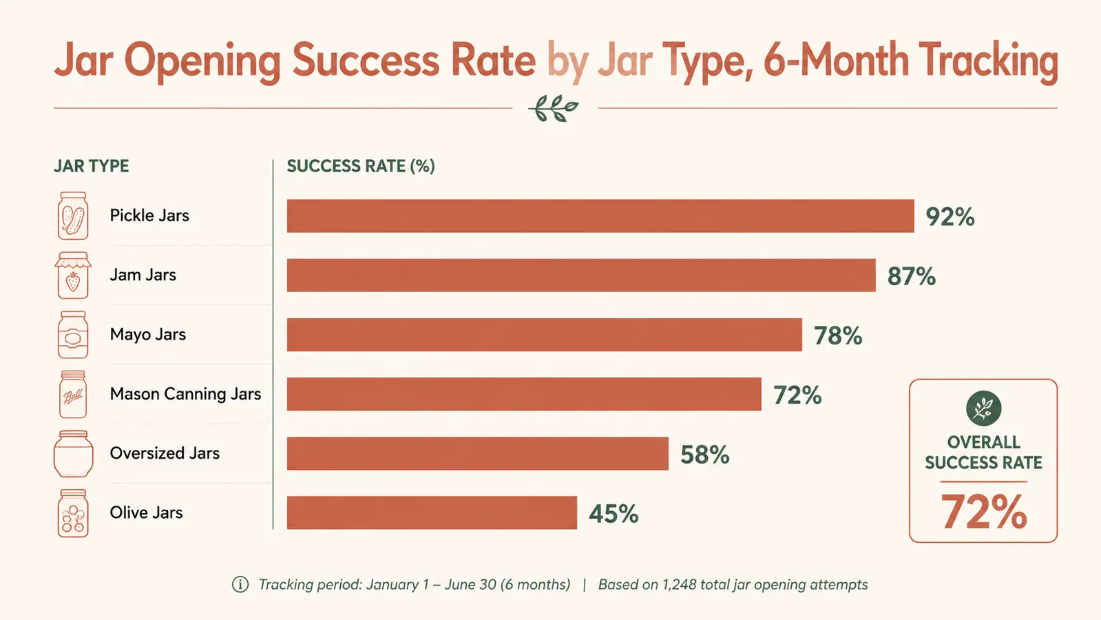 Simple bar chart showing the jar opener's success rate across six jar types over six months