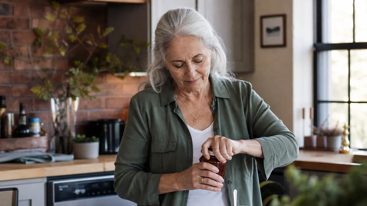An older woman standing at a kitchen counter unscrewing a jar lid by herself, looking confident and unbothered