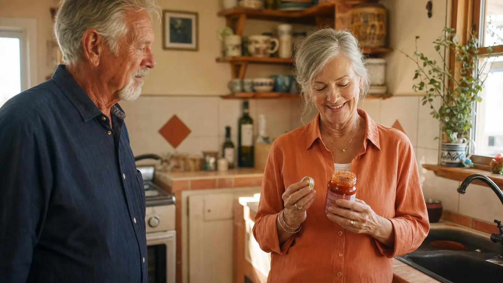 An older man and woman in a bright kitchen, the woman smiling while holding an open jar of pickles