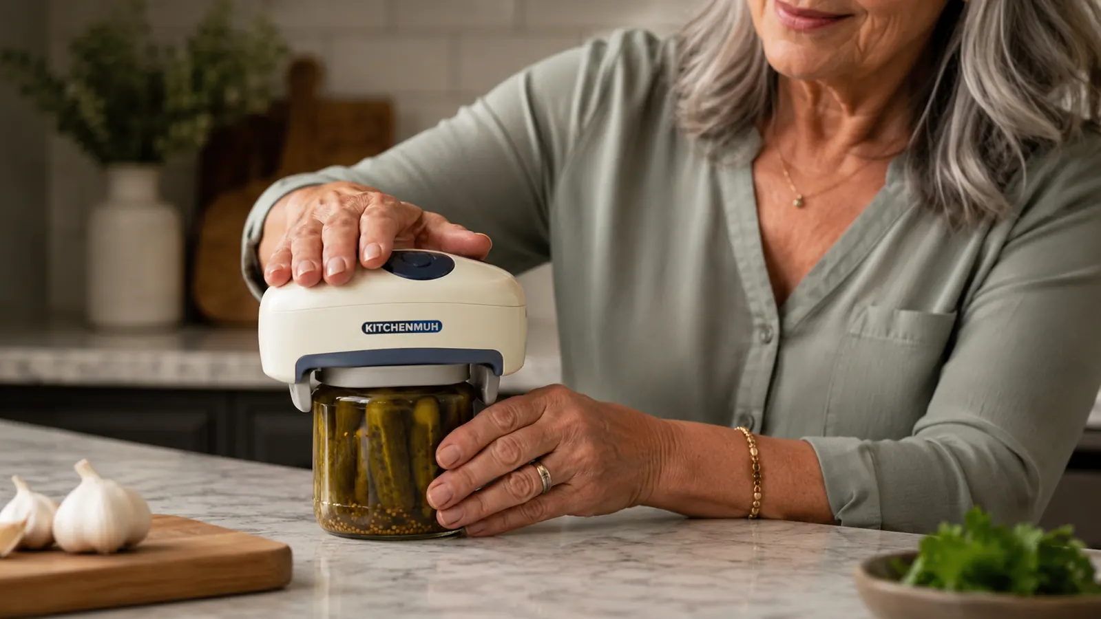 Older woman's hand pressing a white electric jar opener down onto a jam jar lid