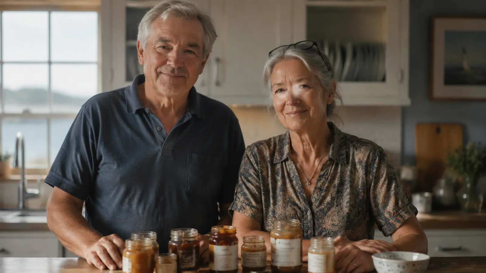 Retired man and his wife standing in their kitchen with a row of opened jars on the counter