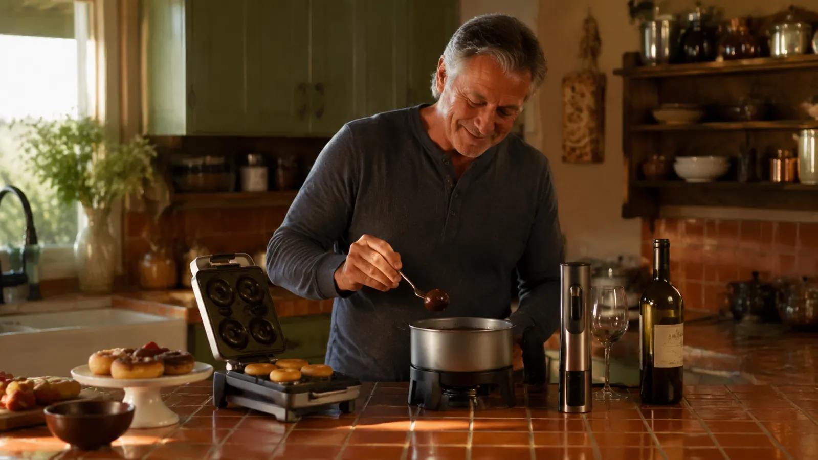 A retired man in a warm kitchen with a mini donut maker, fondue pot, and electric wine opener on the counter