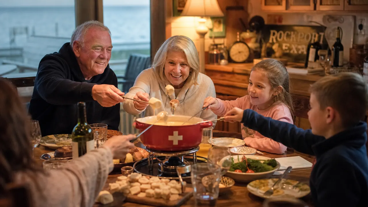 A family gathered around a stainless steel electric fondue pot at a wooden dinner table, forks dipping into melted cheese