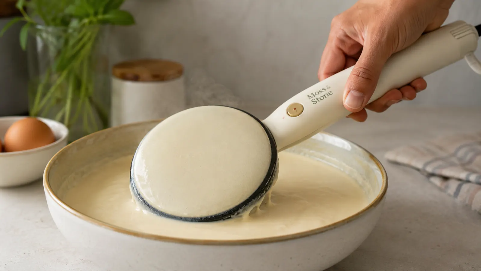 Hand dipping the round hot plate of an electric crepe maker face-down into a shallow bowl of thin batter