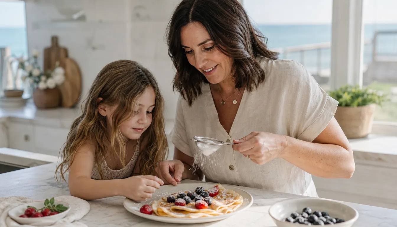 A stack of thin, golden restaurant-style crepes on a plate with berries and a light dusting of powdered sugar