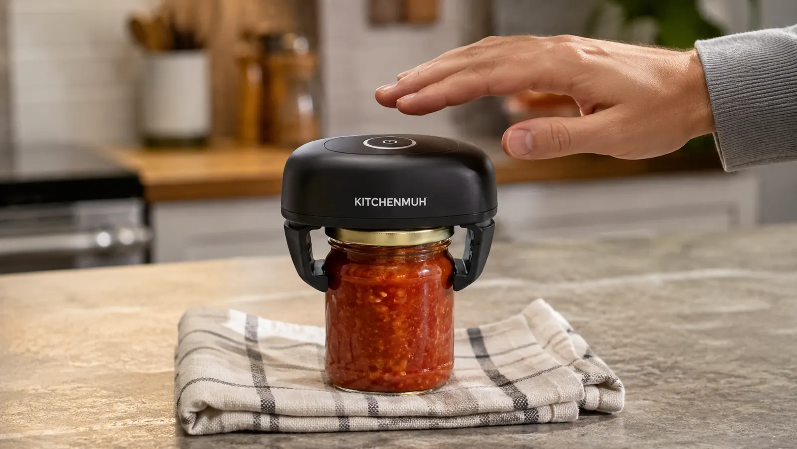 Close-up of the electric jar opener clamped down over a jar lid on a kitchen counter