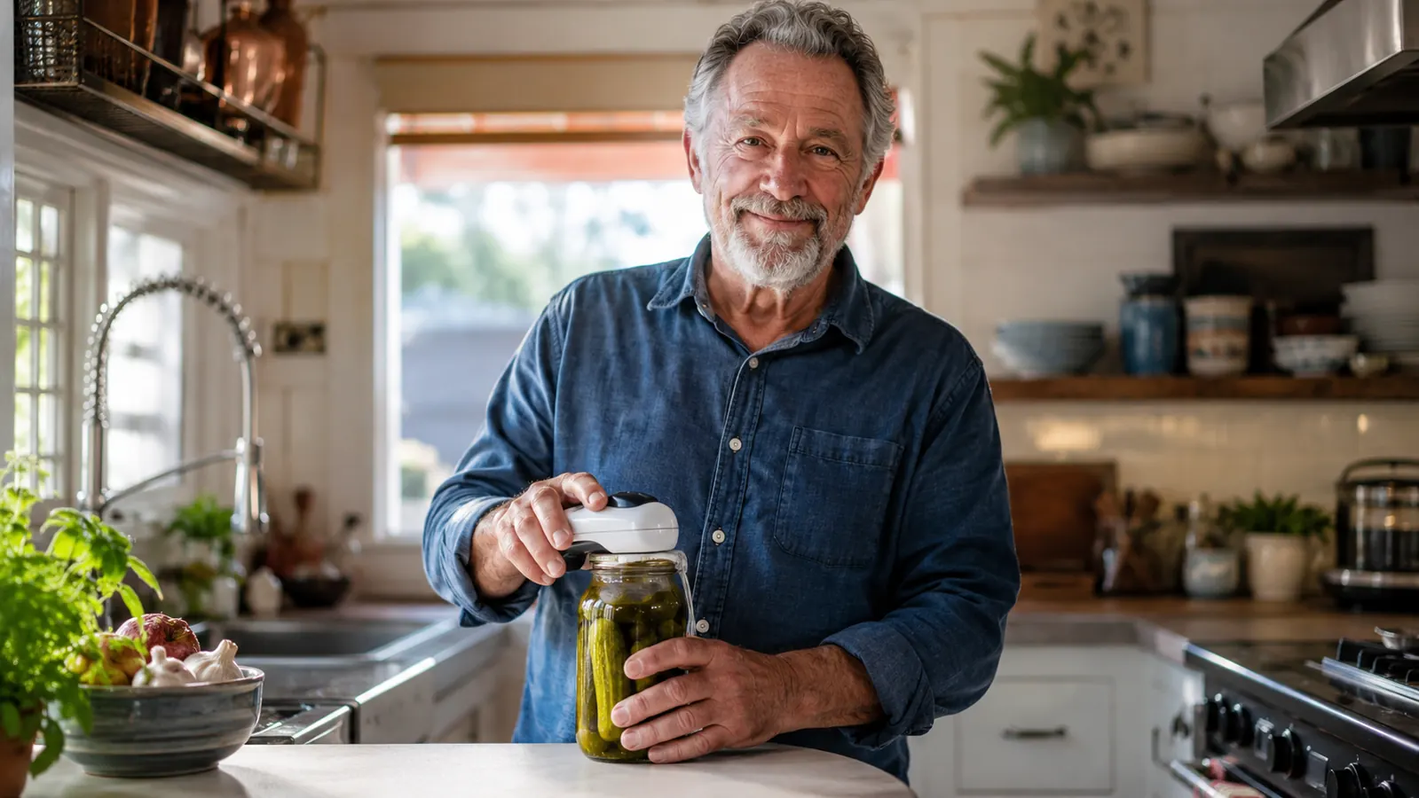 Older man in a coastal Texas kitchen holding an electric jar opener over a jar of pickles on the counter