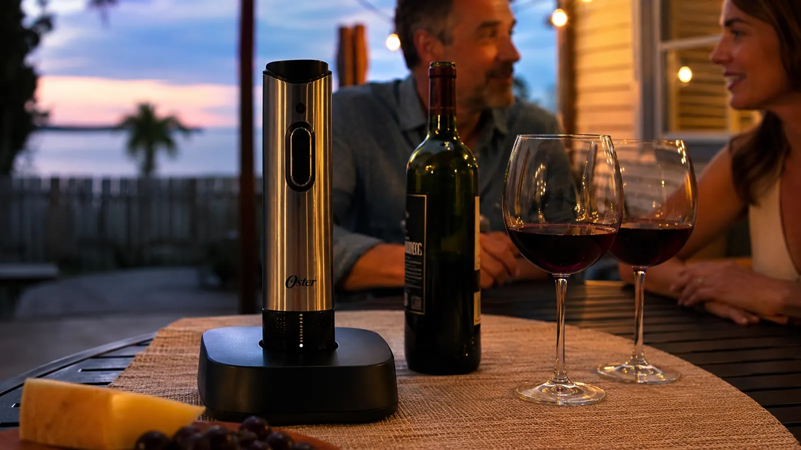 Silver Oster cordless electric wine bottle opener standing upright on its charging base on a patio table at dusk