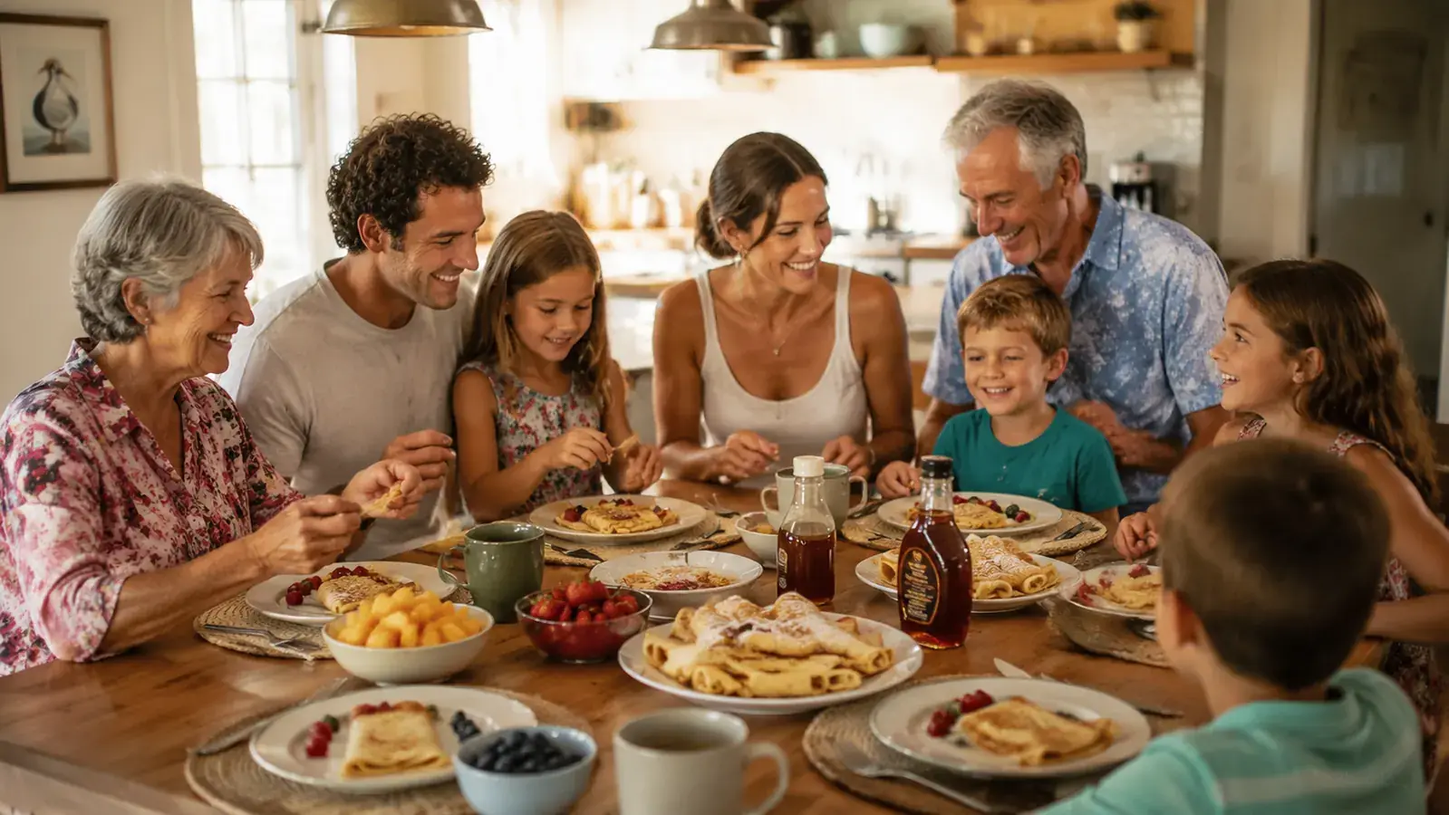Full table of grandkids and family eating rolled crepes together on a Sunday morning