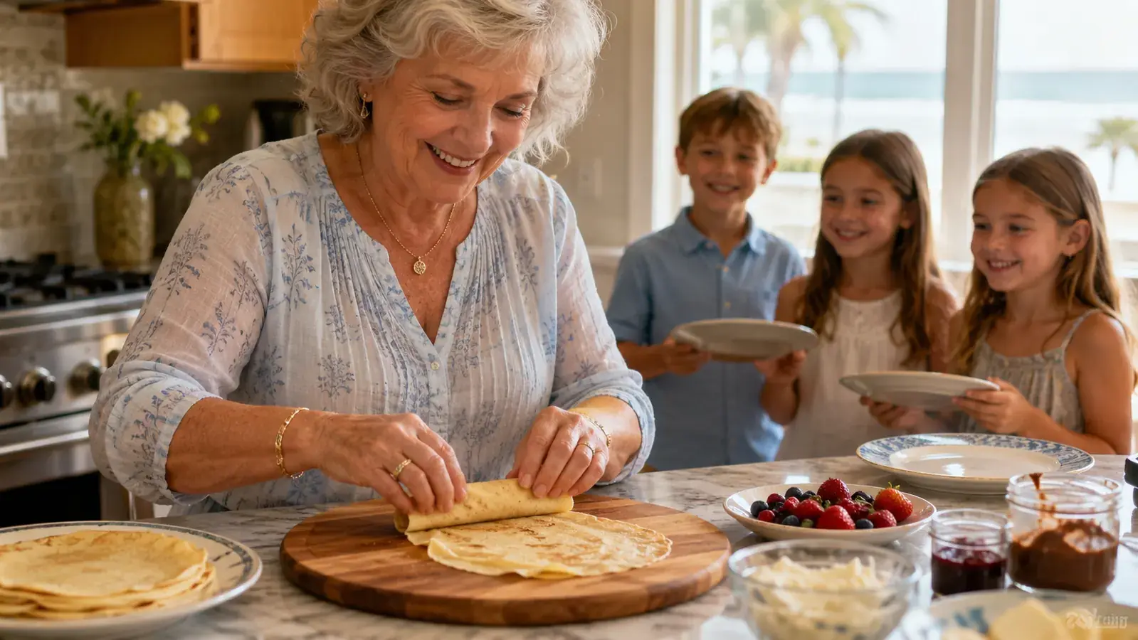 Older woman smiling while rolling a fresh crepe at a sunny kitchen counter, grandkids waiting nearby with plates