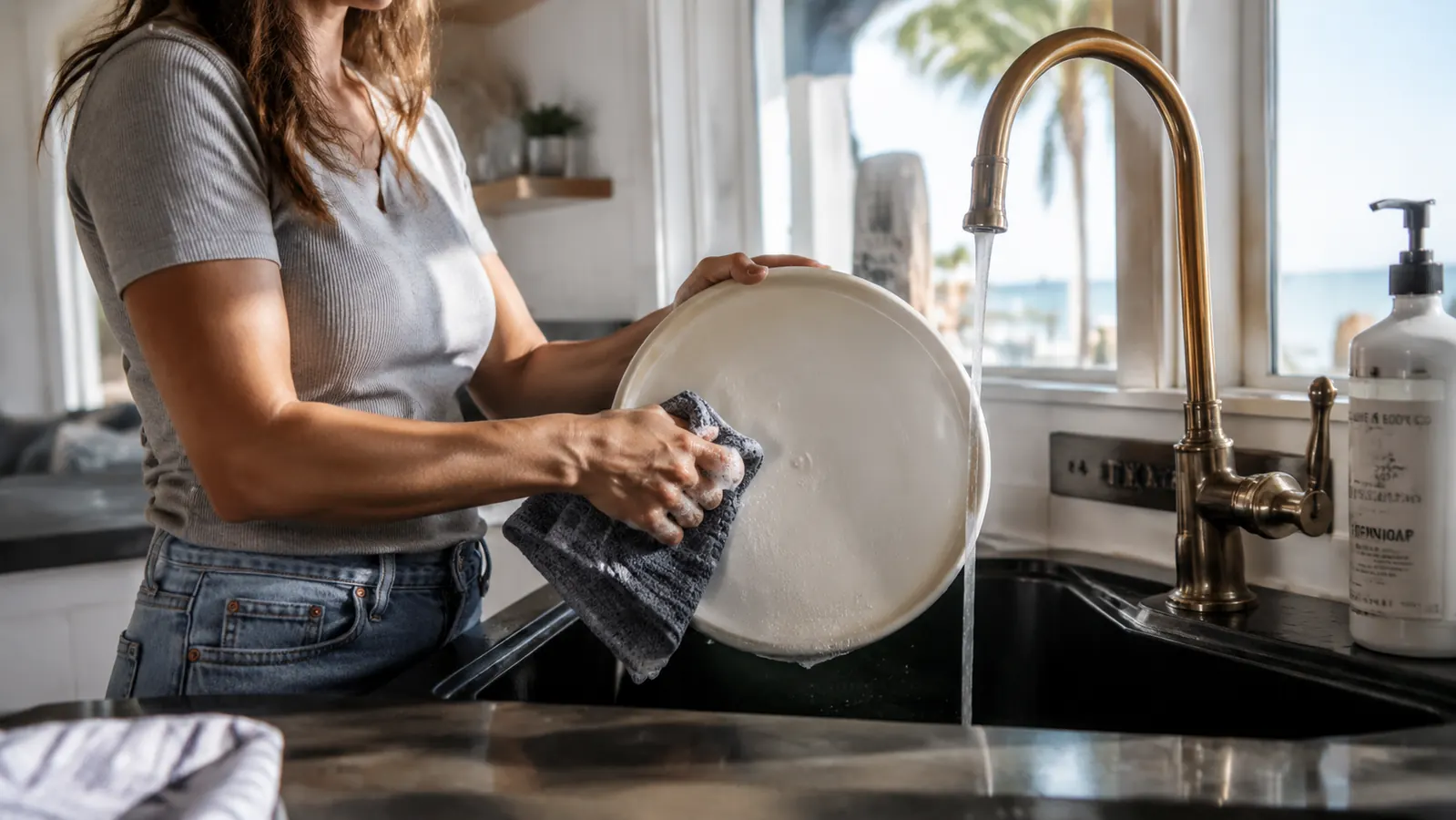 Crepe maker plate and base sitting by the kitchen sink being hand-washed with a cloth
