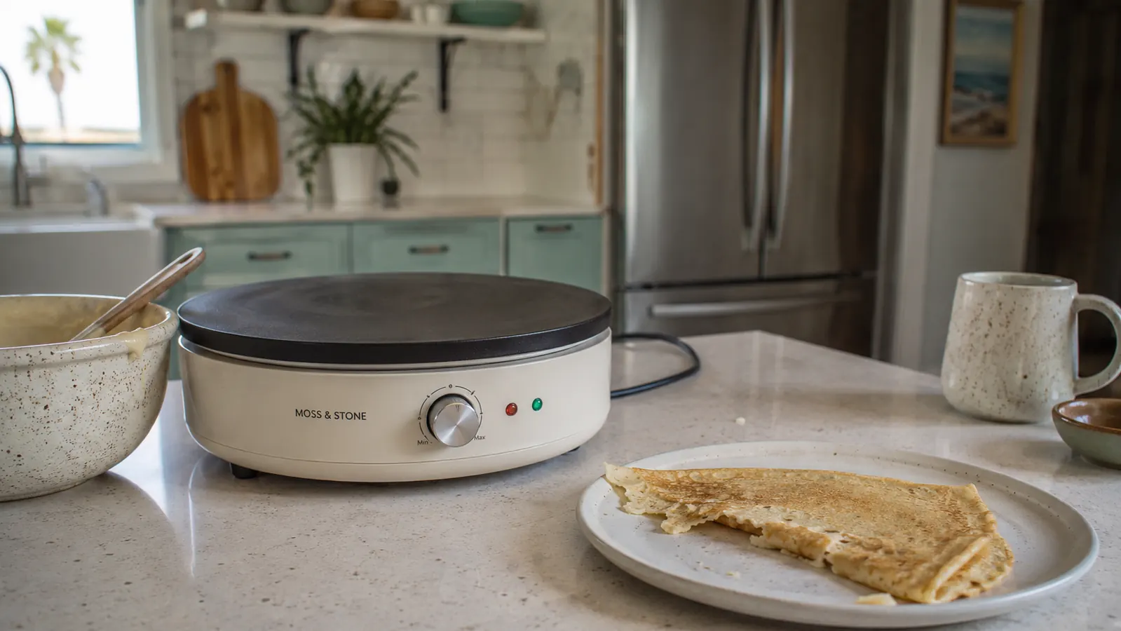 Moss & Stone electric crepe maker on a kitchen counter with a slightly torn practice crepe beside it