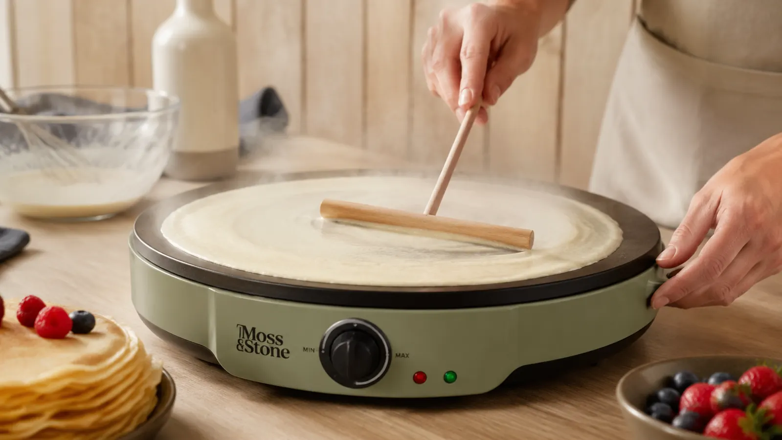 Hand spreading thin batter across the crepe maker with the wooden spreader tool