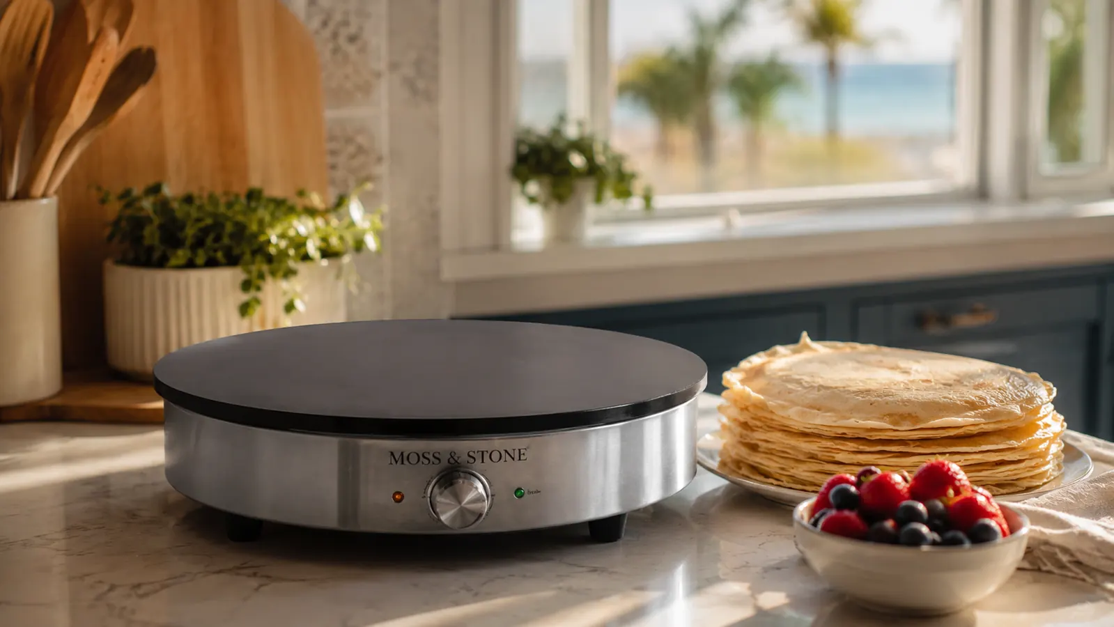 Black Moss & Stone electric crepe maker on a kitchen counter with a stack of finished crepes beside it