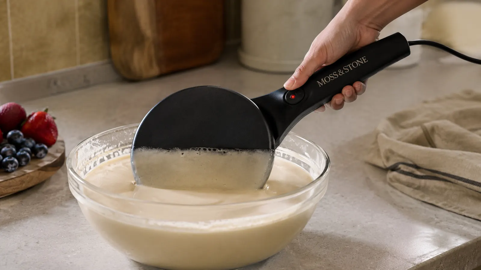 Hand dipping the Moss & Stone crepe maker plate into a bowl of batter