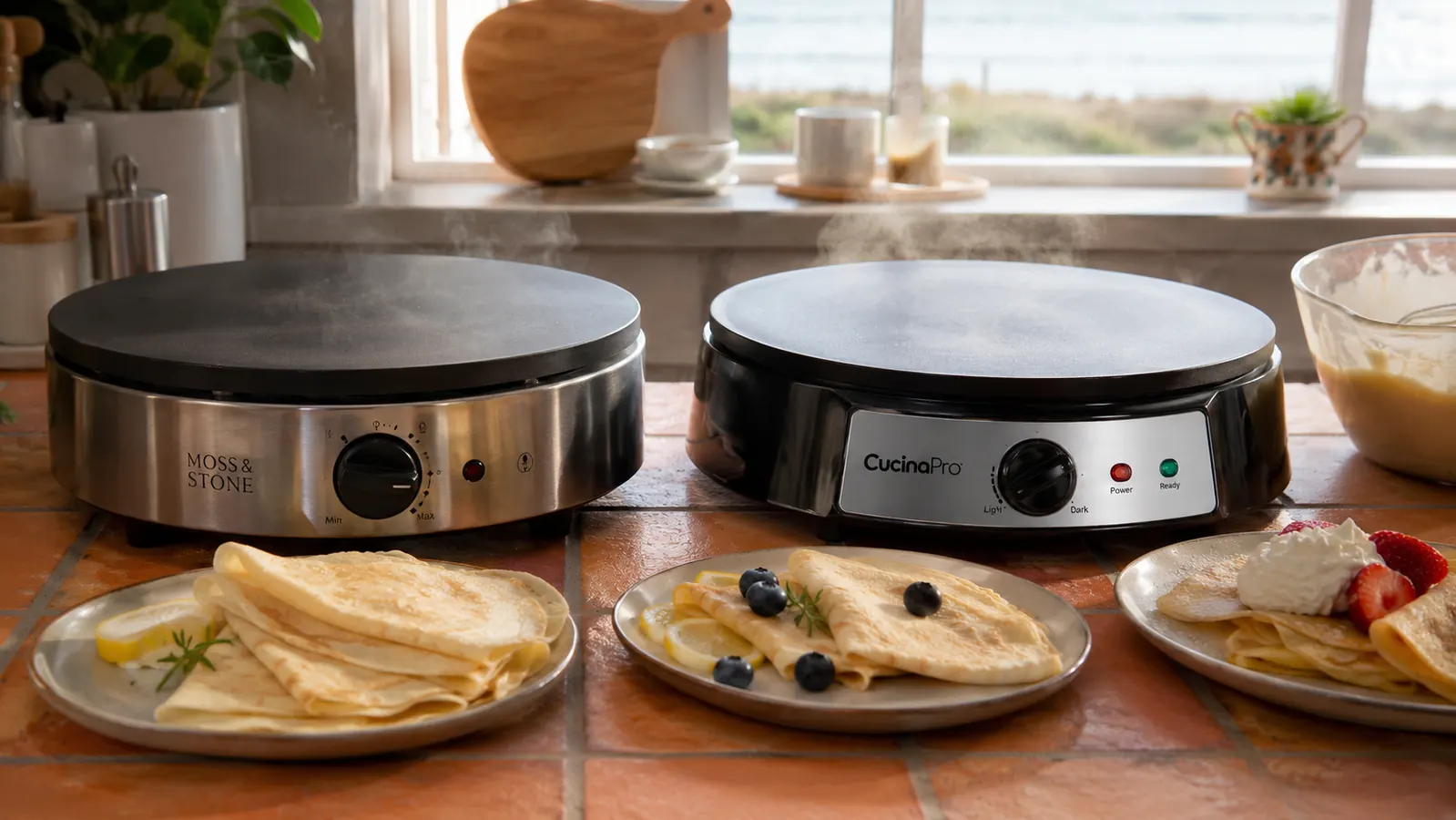 Two electric crepe makers side by side on a kitchen counter during a morning taste test