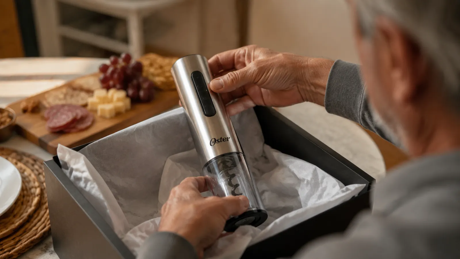 Older man's hands placing the Oster cordless electric wine opener into a gift box lined with tissue paper