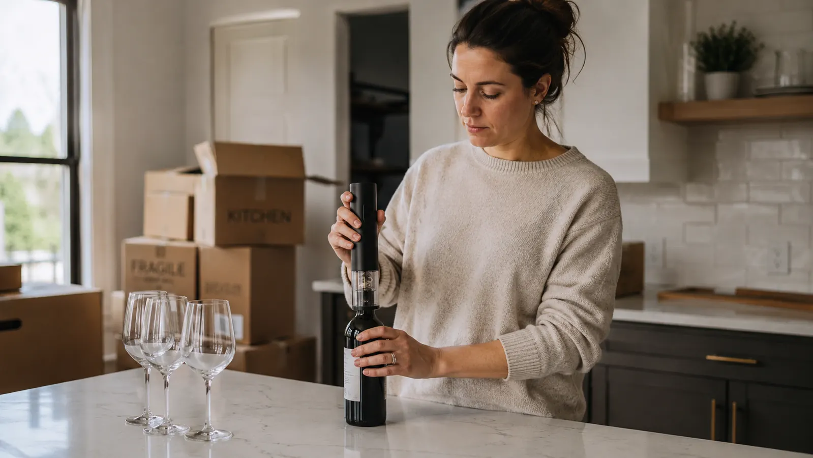 A woman opening a wine bottle with an electric wine opener in her new kitchen while boxes are still stacked nearby