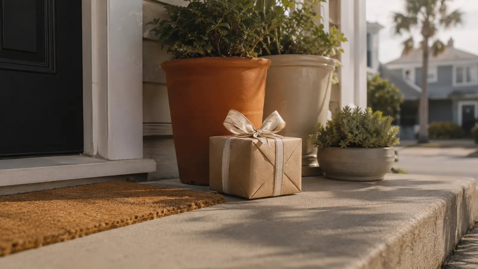Wrapped gift box with a bow sitting on a porch step next to a welcome mat at a new house