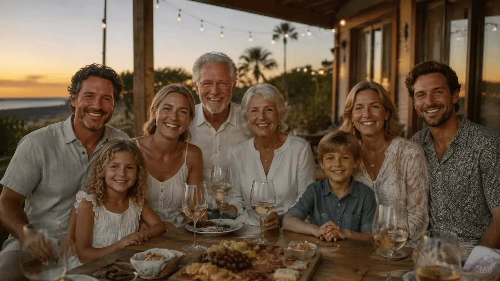 Family gathered around a patio table with wine glasses at sunset