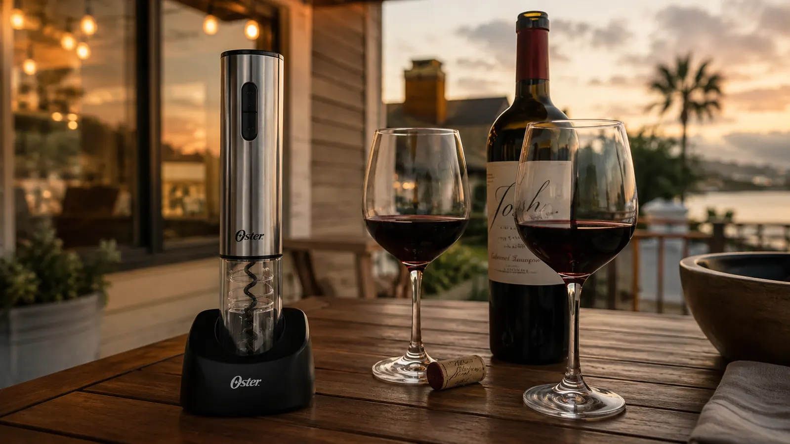 Silver Oster cordless electric wine bottle opener resting on its charging base next to an open bottle of red wine on a patio table
