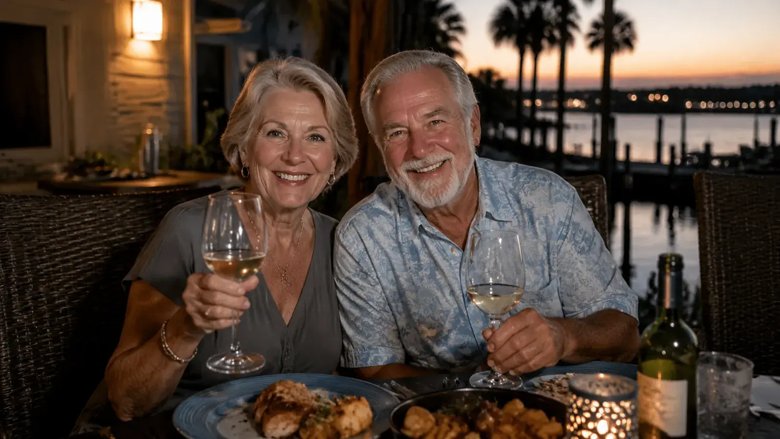 An older man and his wife laughing together at an outdoor dinner table with an open bottle of wine and full glasses