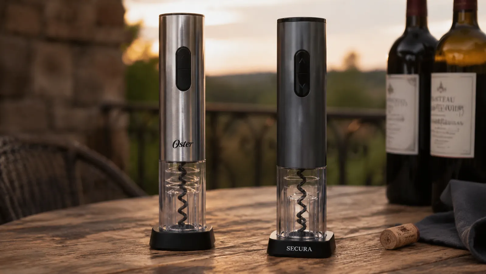 Two electric wine bottle openers, an Oster and a Secura, standing side by side on a wooden patio table set for dinner